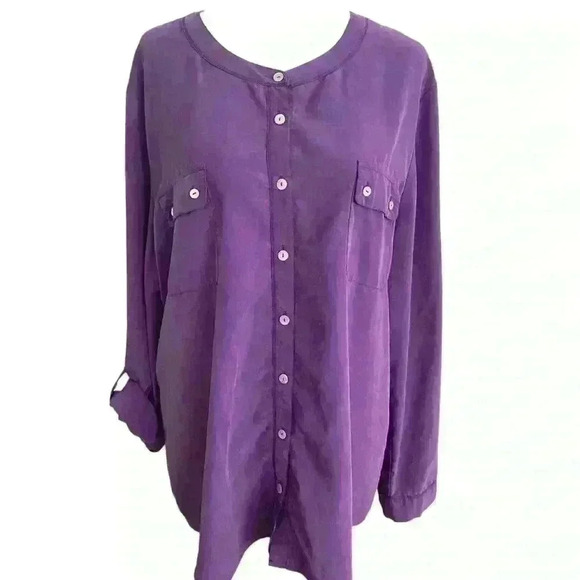 Chicos Tunic Roll Sleeve Silky Button Up Top Size 3 Large Purple Career Flowy - Picture 5 of 11